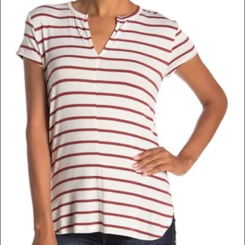 H by Bordeaux NEW Split Crew Neck T-Shirt cream brown stripes Size Small